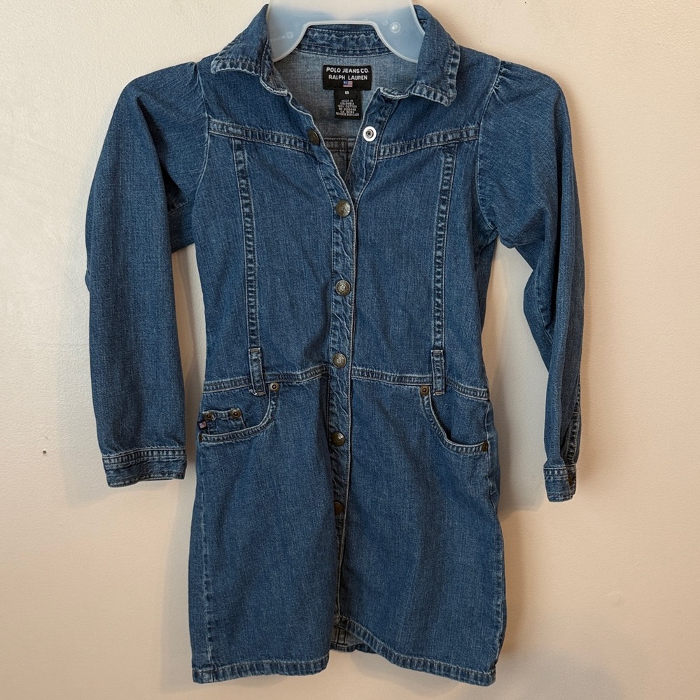 VTG Polo Ralph Lauren‎ Girl Longsleeve Denim Snap Button Dress Pockets Sz 6X